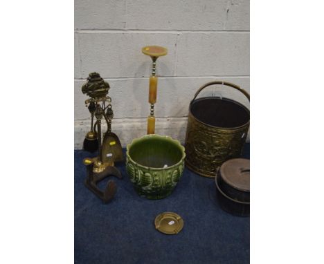 A QUANTITY OF MISCELLANEOUS, to include a brass fire iron set, coal bucket, jam pan, etc, together with a wicker bedroom comm