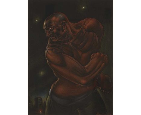 § PETER HOWSON O.B.E. (SCOTTISH 1958-) GALLOWAY STREET FIGHTER - 2021 Signed and dated lower right, mixed media on black pape