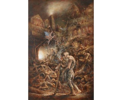 § PETER HOWSON O.B.E. (SCOTTISH 1958-) JE NE VAIS PAS RESTER LONGTEMPS (I WILL NOT STAY LONG) - 2017 Signed lower right, oil 