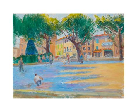§ FREDERICK GORE C.B.E., R.A. (BRITISH 1913-2009) PLAYING BOULES IN THE MARKET SQUARE AT APT. (VAUCLUSE) Signed lower right, 