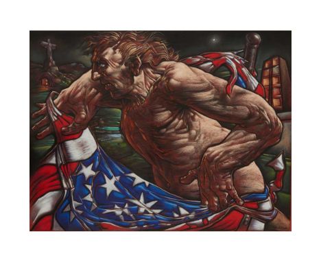 § PETER HOWSON O.B.E. (SCOTTISH 1958-) CYBERIA - PATRIOT - 2017 Signed lower right, pastel on red paperDimensions:47cm x 61cm