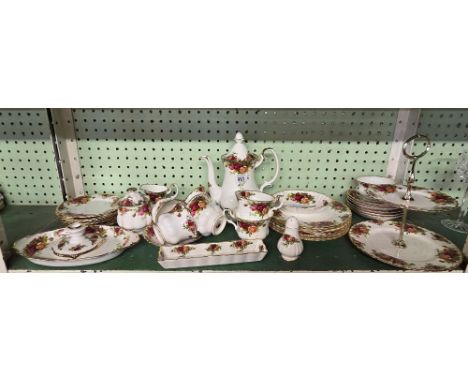 SHELF OF ROYAL ALBERT OLD BOUNDARY ROSES TEA WARE