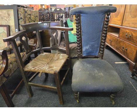 ANTIQUE BOBBIN TURNED UPHOLSTERED FIRESIDE CHAIR & A RAFFIA SEATED CORNER CHAIR
