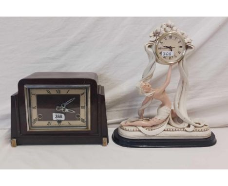ART DECO FIGURE MANTEL CLOCK & A MAHOGANY MANTEL CLOCK WITH KEY & PENDULUM 