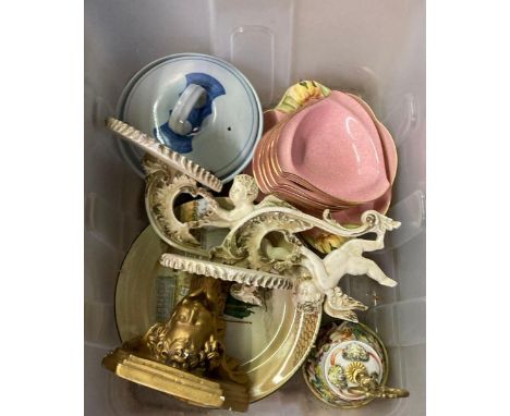 ART DECO ROYAL WINTON DESSERT DISH & BOWLS, 3 ROYAL DOULTON COLLECTORS PLATES, WALL SHELVES, BELL ETC