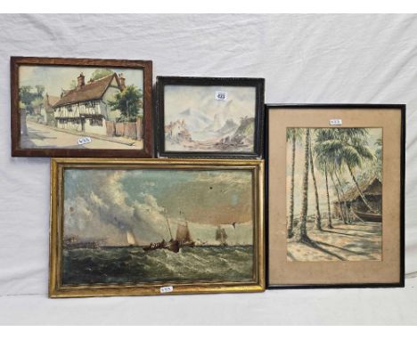 FRAMED OIL PAINTING OF BOATS A/F, A WATERCOLOUR OF PALM TREES, A WATERCOLOUR OF A COTTAGE & A PRINT OF A MOUNTAIN SCENE