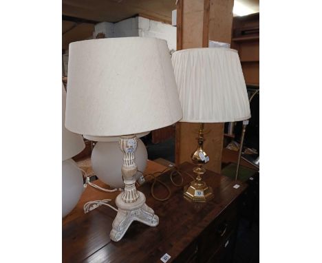 BRASS EFFECT PILLAR TABLE LAMP & SHADE, PLASTER TABLE LAMP & SHADE