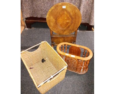 VINTAGE WALNUT TIP TOP TEA TABLE WITH SHELF UNDER, CARVED MAGAZINE RACK & WICKER STORAGE BOX