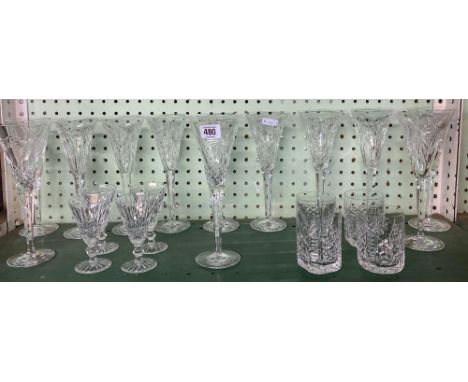 SHELF OF WATERFORD CRYSTAL TOASTING  GLASSES ( ONE WHISKEY GLASS WITH RIM CHIP)