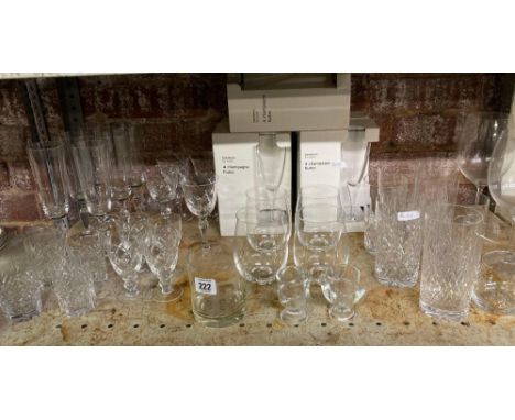 SHELF OF CUT GLASS CHAMPAGNE FLUTES, WINE GLASSES, GOBLETS ETC