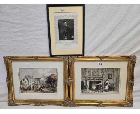 PAIR OF 19THC COLOURED ENGRAVINGS OF VIEWS OF INTERIOR AND EXTERIOR OF A MANOR HOUSE C1650, IN MATCHING DECORATIVE GILT FRAME