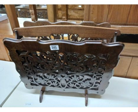 WOODEN MID CENTURY MAGAZINE RACK WITH CARVED FRET WORK SIDES