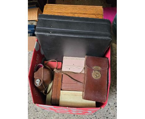CARTON OF VARIOUS BOXES INCL; OAK CUTLERY CANTEEN, BRIEFCASE, VINTAGE CAMERA BOXES ETC