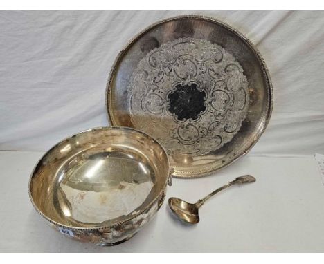 LARGE PLATED PUNCH BOWL, LADLE ON TRAY