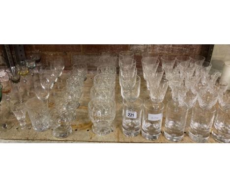 SHELF OF VARIOUS CRYSTAL GLASS, WINE GLASSES, SHERRY GLASSES, WHISKY TUMBLERS ETC