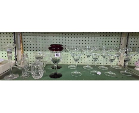 SHELF OF COCKTAIL GLASSES & OTHER GLASSES