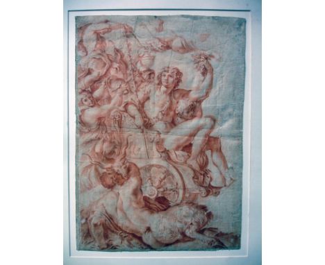The triumph of Bacchus, mythological scene. Fair condition, folding marks across the image, stains on U/R, damages on L/L. Sa