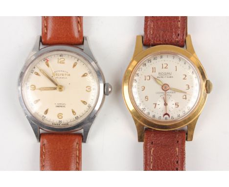 A Rogau Cognac Gautier gilt metal fronted and steel backed gentleman's calendar wristwatch, the signed silvered dial with gil