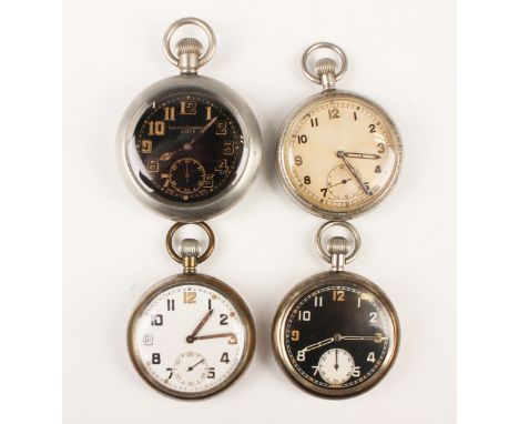 An MoD issue base metal keyless wind open-faced gentleman's pocket watch with unsigned jewelled movement, the black gloss dia
