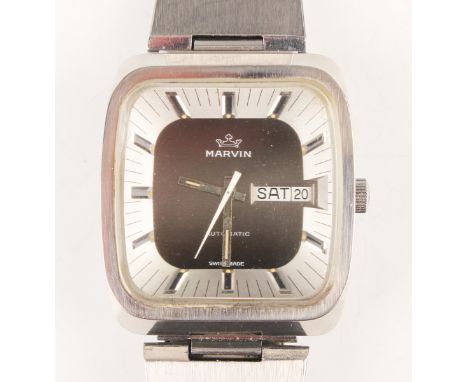 A Marvin Automatic stainless steel cased gentleman's wristwatch with Revue MSR 577 caliber movement, the signed square dial w