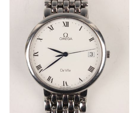 An Omega De Ville steel gentleman's bracelet wristwatch with quartz movement, the signed white dial with black Roman numerals