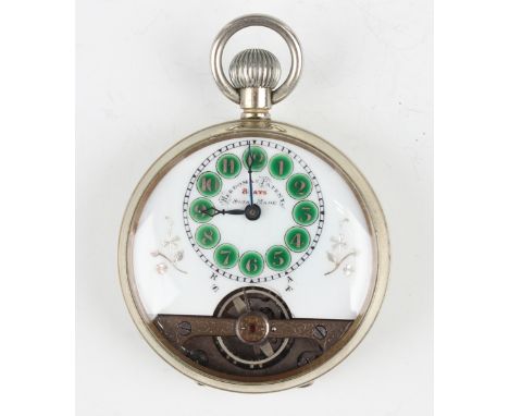 A Hebdomas nickel cased keyless wind open-faced gentleman's pocket watch, the enamelled three-quarter dial with green hour ro