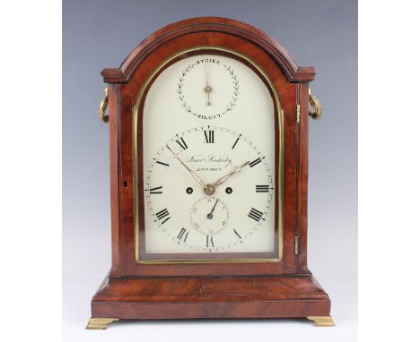 A George III mahogany bracket clock with eight day twin fusee movement striking hours on a bell, the backplate with finely en