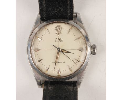 A Tudor Oyster steel circular cased gentleman's wristwatch, the signed dial with silvered hour markers and large rose motif a
