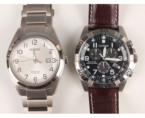 A Citizen Eco-Drive Perpetual Calendar Titanium cased gentleman's chronograph alarm wristwatch, the signed black dial with th