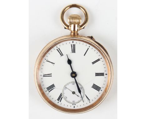 A gold cased keyless wind open-faced lady's fob watch with unsigned gilt jewelled lever movement, the gilt metal inner case d