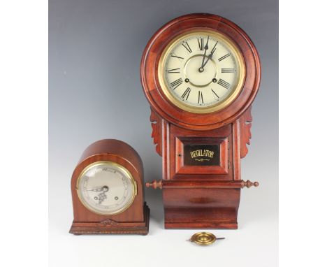 An American mahogany cased drop dial wall clock, the movement striking on a gong, the painted circular dial with Roman hour n