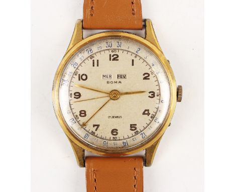 A Boma gilt metal fronted and steel backed triple calendar gentleman's wristwatch with unsigned jewelled movement, the signed
