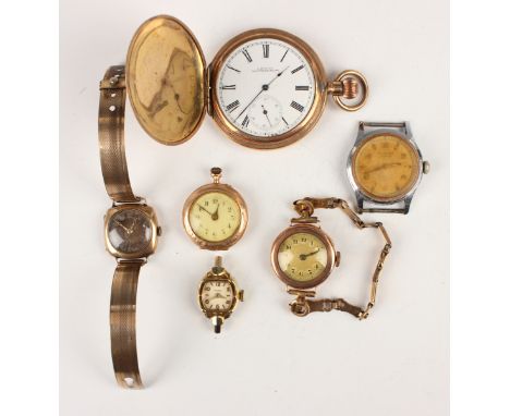 A Waltham gilt metal keyless wind hunting cased gentleman's wristwatch, case diameter 4.7cm, together with a 14ct gold circul