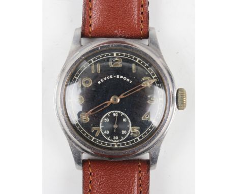 A Revue-Sport military issue steel cased gentleman's wristwatch with unsigned jewelled movement, the signed black dial with A
