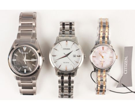 A Citizen Eco-Drive Titanium cased gentleman's bracelet wristwatch, the signed black dial with date aperture, the signed case