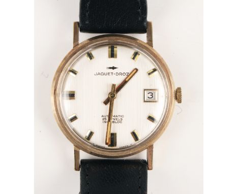 A Jaquet-Droz Automatic 9ct gold circular cased gentleman's wristwatch with unsigned jewelled movement, the signed silvered d