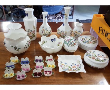 Shelf of Aynsley items incl. 5 small vases, 3 trinket boxes, 2 bowls, dish and 12 miniature floral ornaments (22 approx)