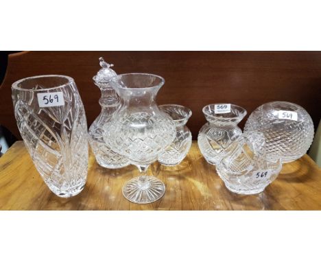 7 cut glass items – pair of small vases, rose bowl, Waterford decanter, candle votive (6)