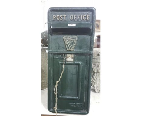 Metal “Post Office” Post Box, painted green, with a lock and key, 23”h