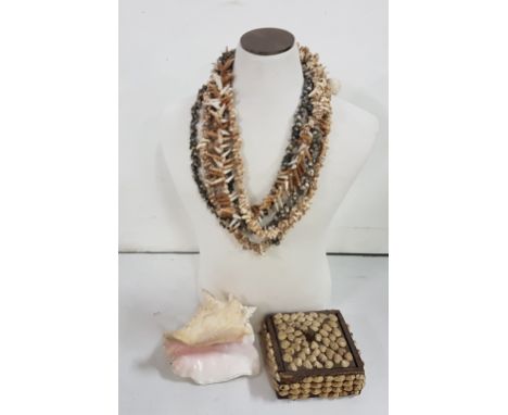 5 African necklaces made of various coloured seashells, a shell trinket box and large conch shell (7)