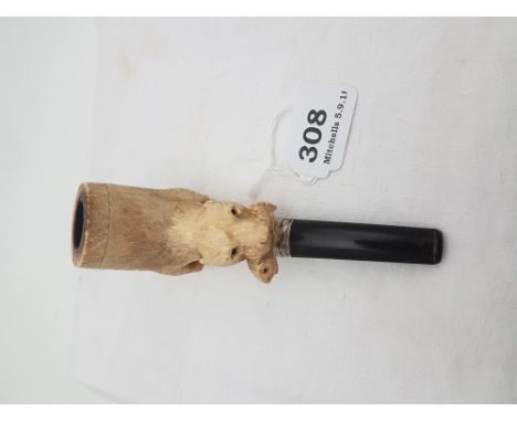 Clay Pipe, mounted with carved bone figure of an Otter with his catch, silver mounts, 7”long,