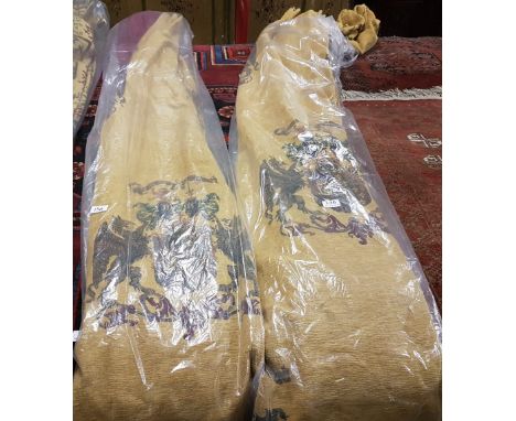 Matching Pair of Fine Fabric Curtains (red lined interior) two x 40” wide (= 80” wide in total) x 84” (7ft) drop, gold backgr