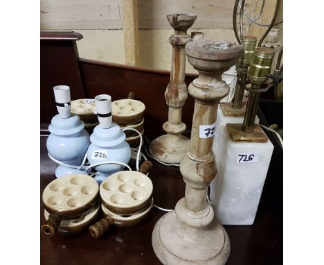 2 pairs modern table lamps (1 marble), a candelabra, 12 French escargot dishes, pr. wooden candlesticks (19)