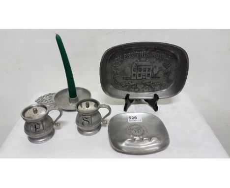 Pair pewter salt and pepper condiments, American RWP Wilton candlestick and Wilton commemorative Pennsylvania ashtray and a "