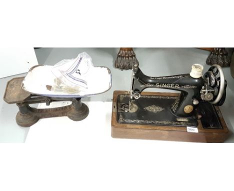 Singer Hand Sewing Machine with original oak carrying case & a 14lb counter weighing scales with enamel pan and 7 x circular 