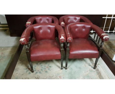 Set of 4 Bow Shaped Bar Armchairs, covered with (worn) red leatherette seats and backs, button detail