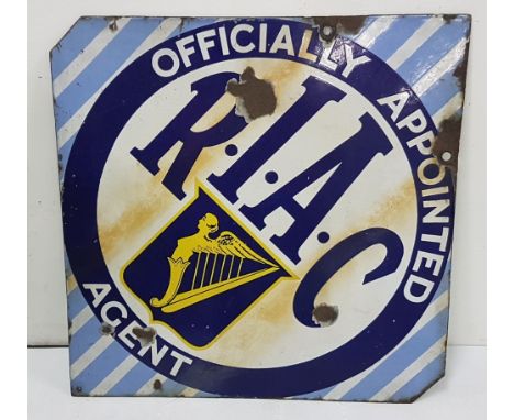 R.I.A.C. doubled-sided enamel sign, with Hibernia crest, square shaped 20” square “Officially Approved Agent”