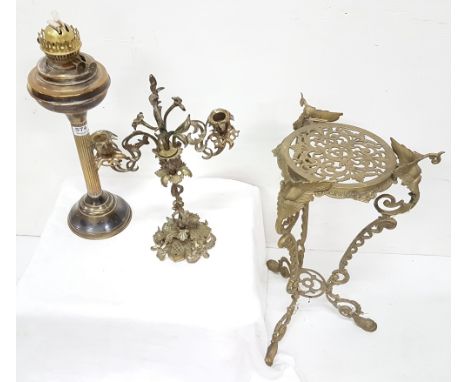 Brass Oil Lamp (no shade), an ornate 2-branch candelabra & a brass pot stand (3)