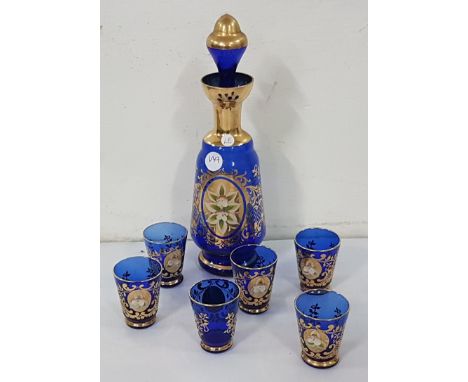 Venetian blue glass wine decanter with gold highlights and a set of 6 matching small wine glasses (7)