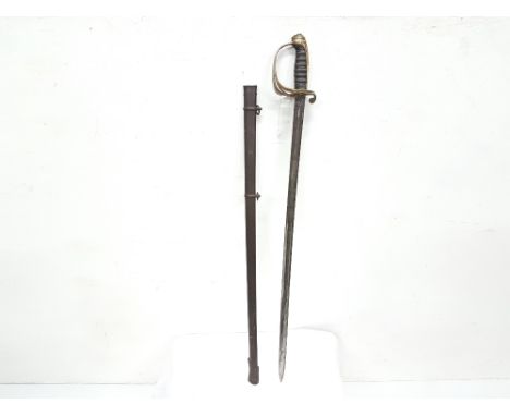 Dress sword in scabbard, stamped H Hart & Co, Pall Mall, London, with the brass hilt inset with R (Regina) crest, 100cm tall